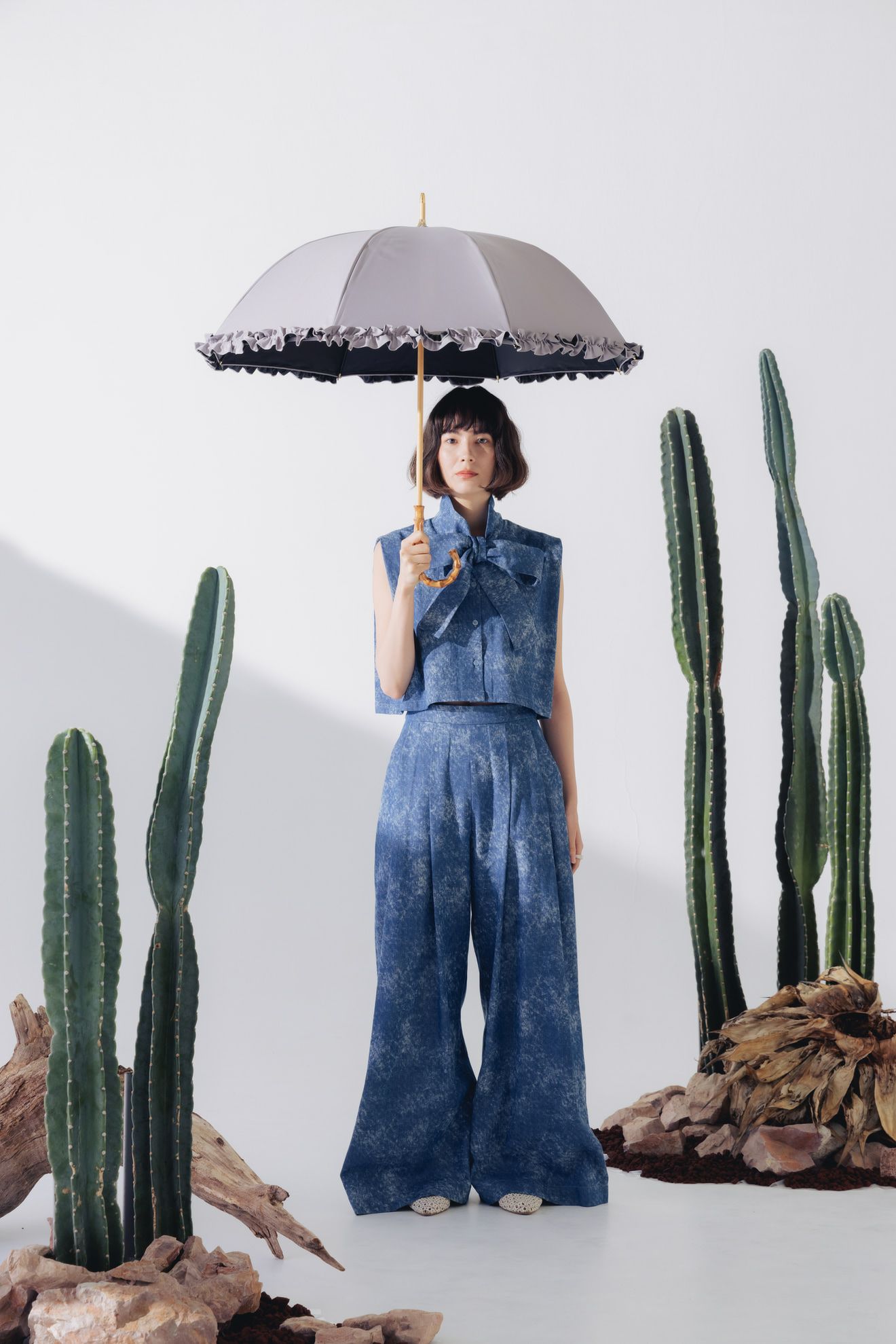 完全遮光日傘 UV100%カット 長傘 M フリル